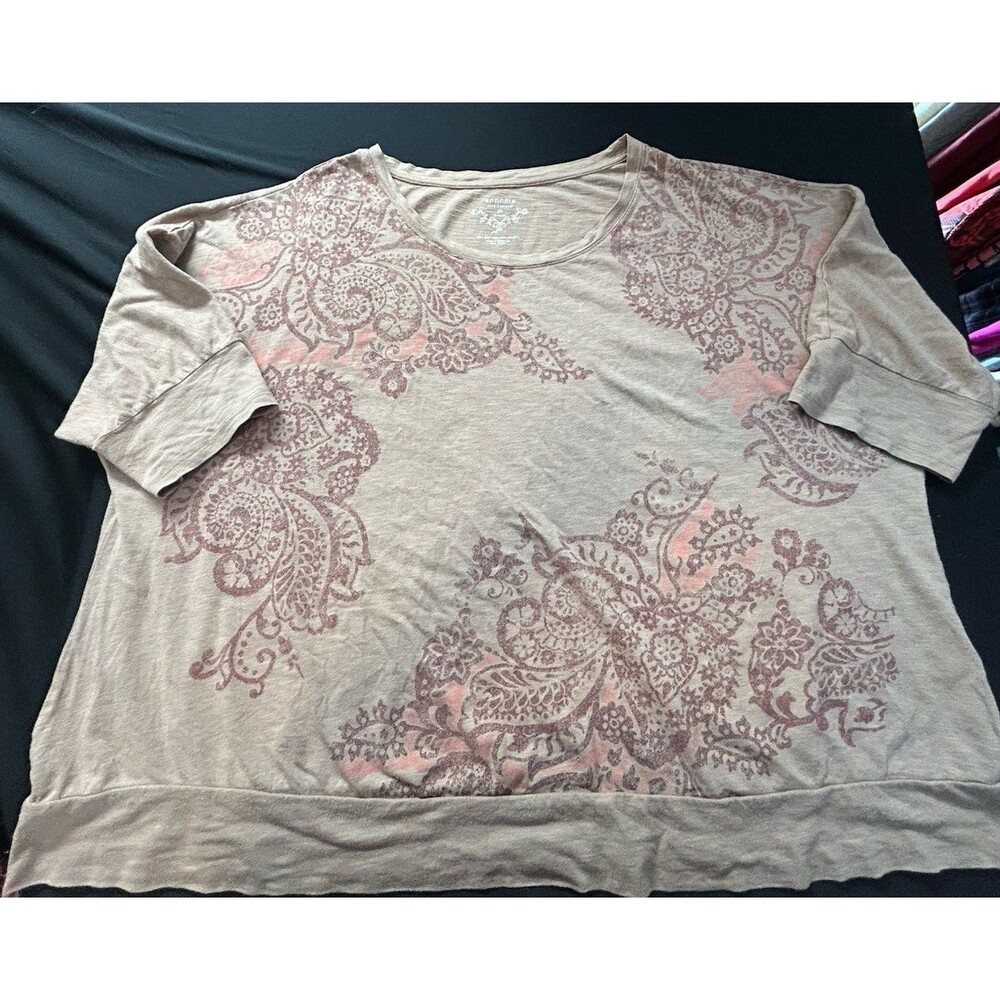 Sonoma Floral Top 3X Tan Burgundy Pink 3/4 Sleeve Banded Hem Modal Cotton Knit